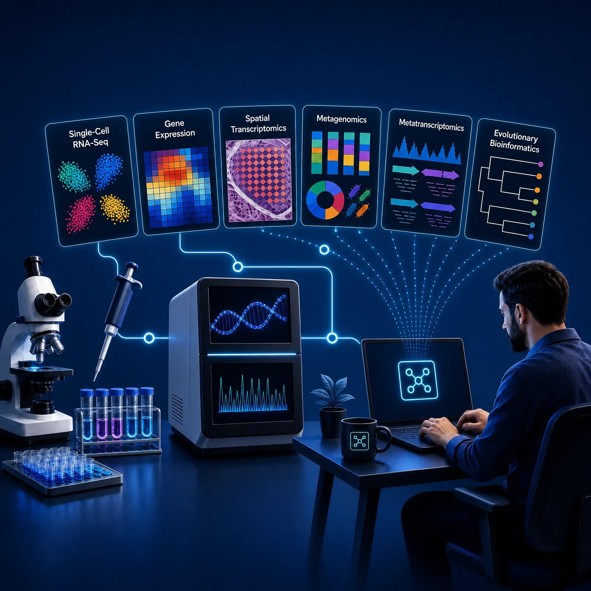From wet lab and sequencing to bioinformatics analysis at The Omics Hub, including a multicolour T-cell UMAP, metagenomics, metatranscriptomics, and evolutionary bioinformatics