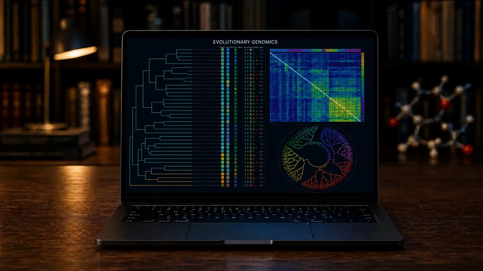 Black laptop screen labelled Evolutionary Genomics, showing phylogenetic and comparative genomics analysis