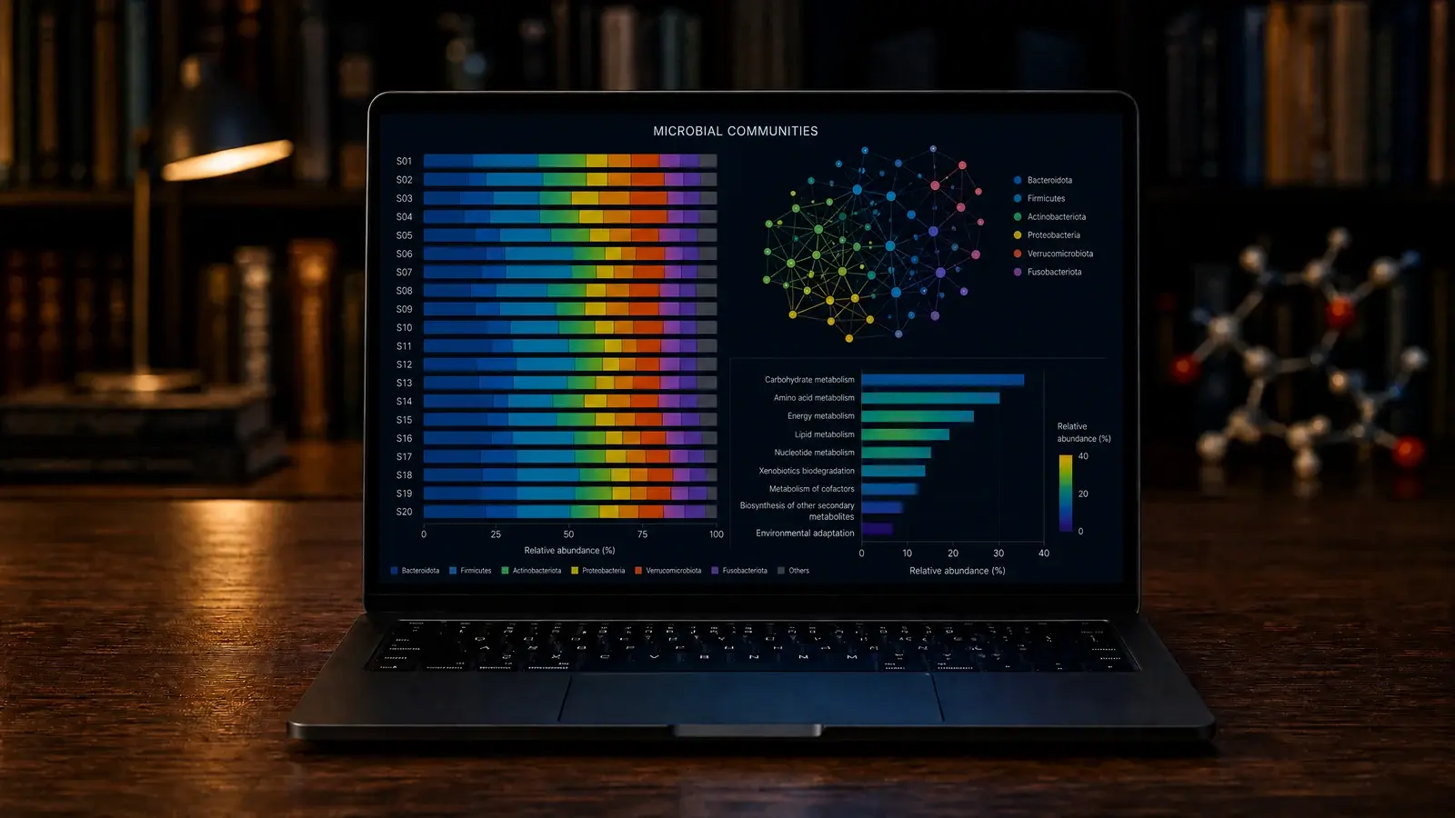 Black laptop screen labelled Microbial Communities, showing community, taxonomy, and pathway analysis