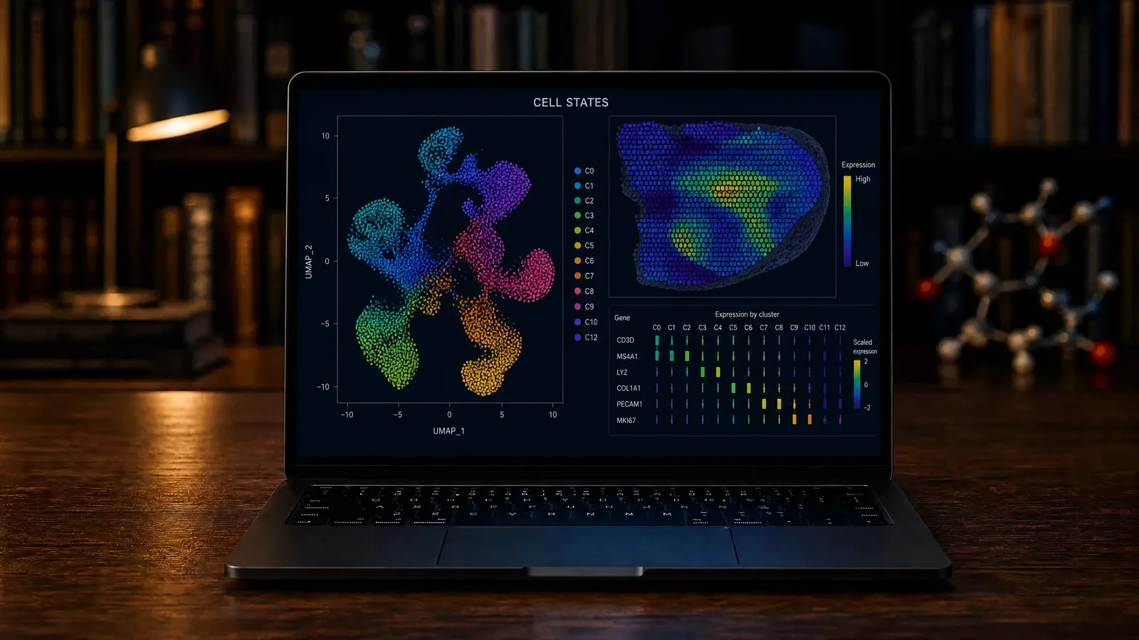 Black laptop screen labelled Cell States, showing UMAP clusters and spatial omics analysis
