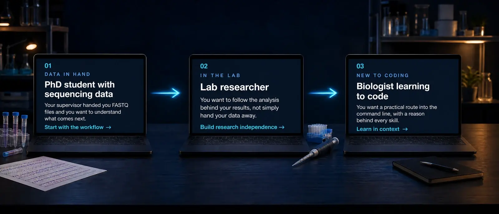 Three black laptop screens with learner profiles: PhD student with sequencing data, lab researcher, and biologist learning to code; the screens are connected by arrows